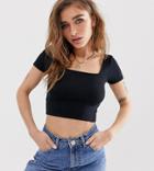 Asos Design Petite Cap Sleeve Square Neck Crop T-shirt In Black - Black