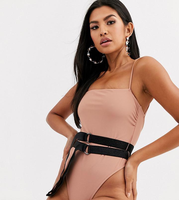 Candypants Exclusive Double Belt High Leg Swimsuit In Mink