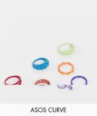 Asos Design Curve Pack Of 7 Rings In Mixed Coated Metal And Rubber-multi