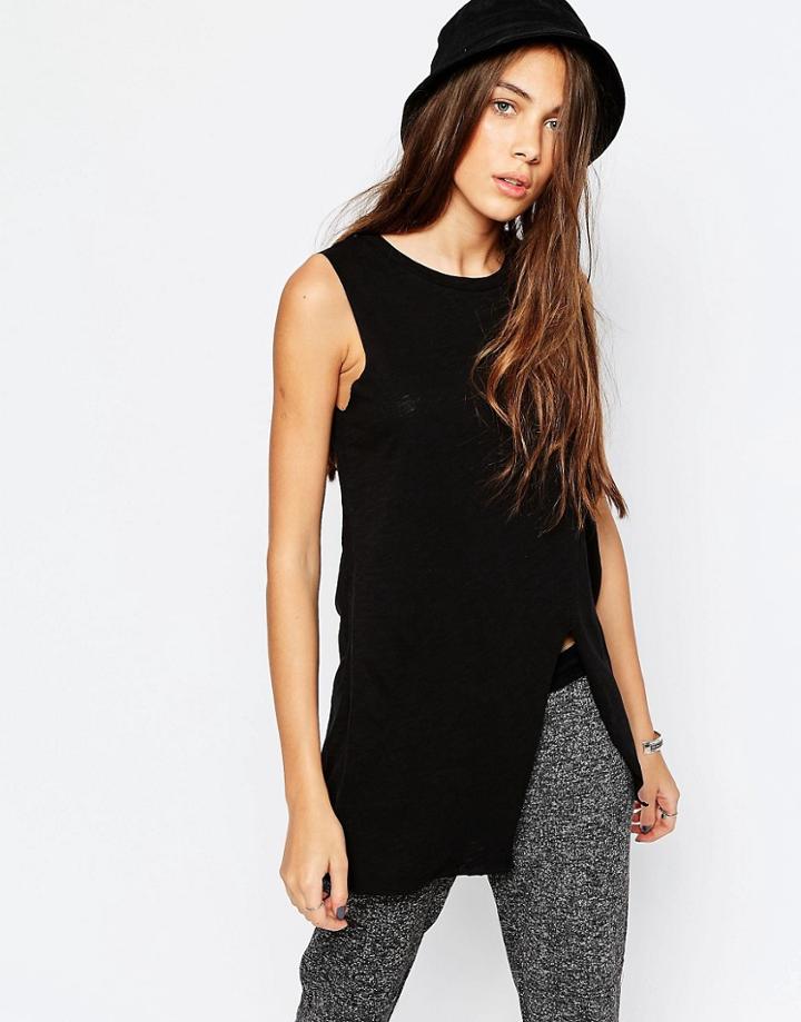 Pull & Bear Split Detail Long Line Jersey Top - Black