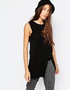 Pull & Bear Split Detail Long Line Jersey Top - Black