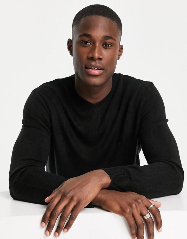 French Connection Soft Touch Logo V-neck Sweater In Black