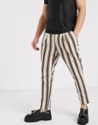Asos Design Cigarette Pants With Pleats In Beige Stripe-neutral