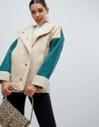 Prettylittlething Colour Block Shearling Jacket In Cream - Multi