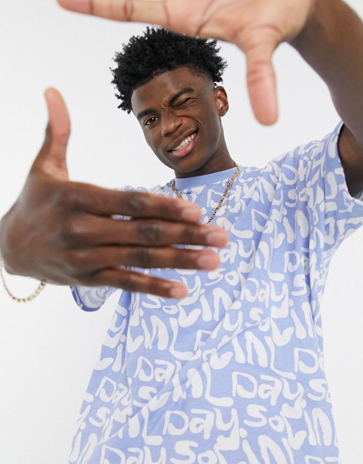 Asos Daysocial Oversized T-shirt In Blue With All-over White Logo Print-blues