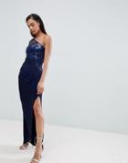 Lipsy One Shoulder Sequin Lace Maxi Dress - Navy