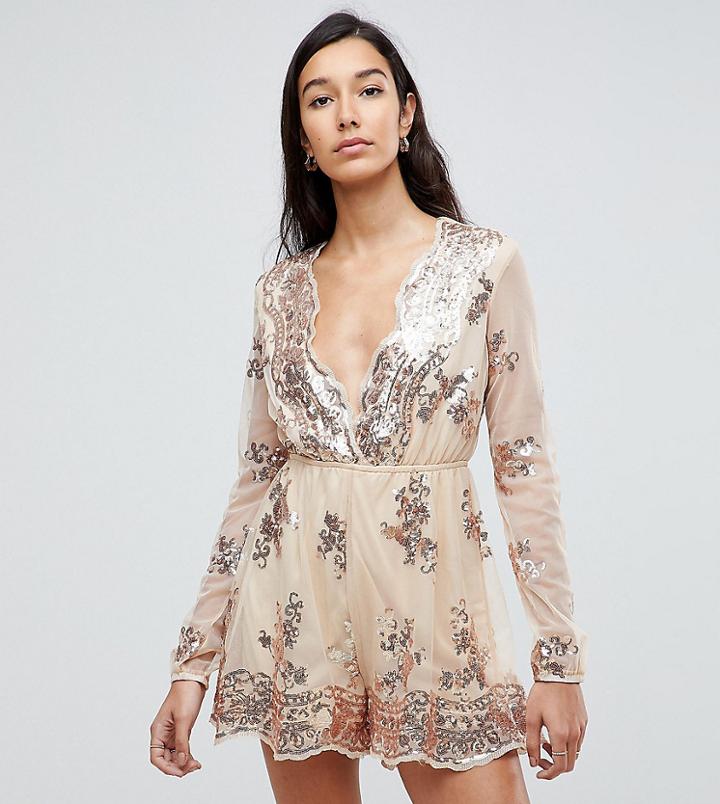 Naanaa Tall Sequin Plunge Romper - Gold