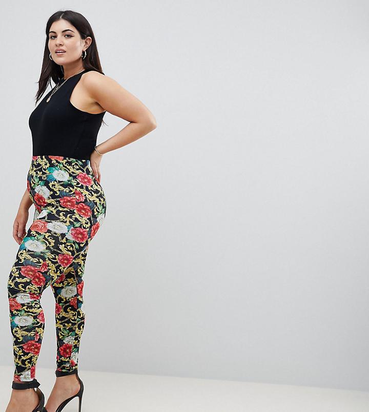 Asos Design Curve Leggings In Floral Chain Print - Black