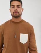 Asos Design Long Sleeve T-shirt With Contrast Pocket In Brown
