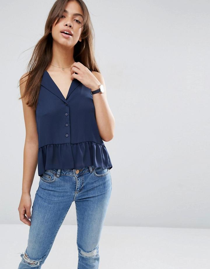 Asos Sleeveless Ruffle Hem Blouse - Navy