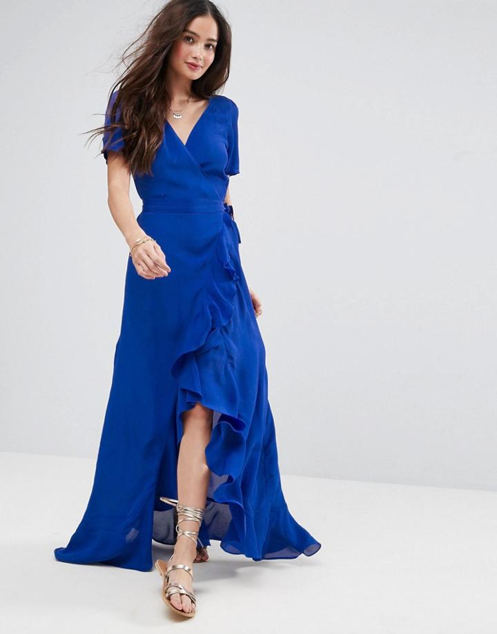 Asos Tea Dress Maxi With Ruffle Detail And Open Back - Blue