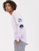 Asos Design Nasa Relaxed Long Sleeve T-shirt With Sleeve Patches And Back Print-purple