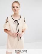 Sister Jane Cold Shoulder Lace Volante Dress With Frill Detail - Nude