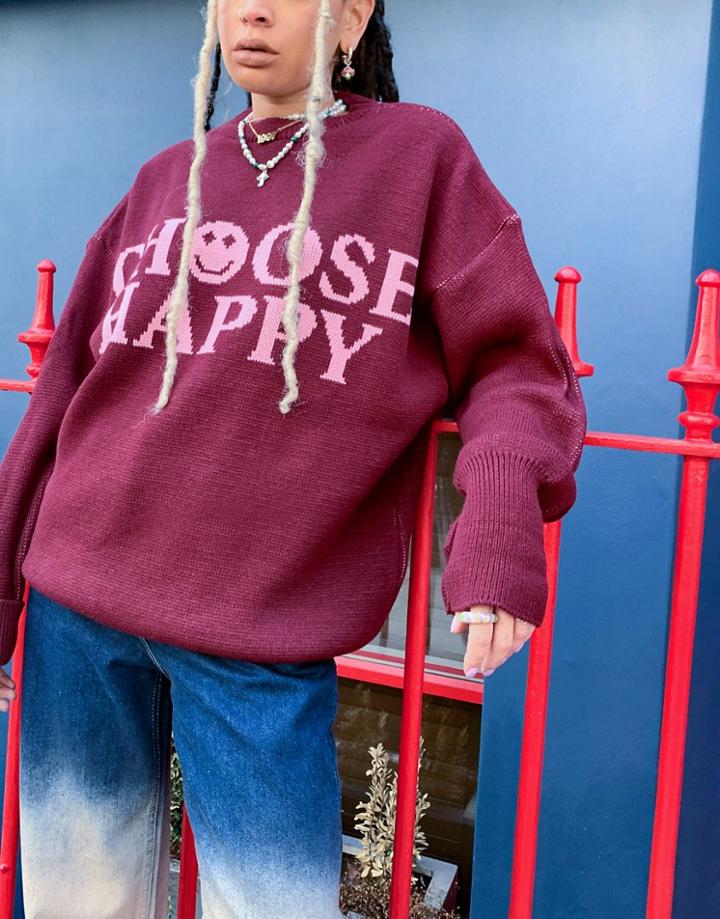 Topshop Knitted Choose Happy Sweater In Burgundy-red