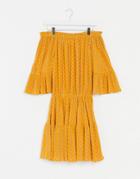 Asos Design Off Shoulder Tiered Mini Sundress In Mustard Polka Dot-multi