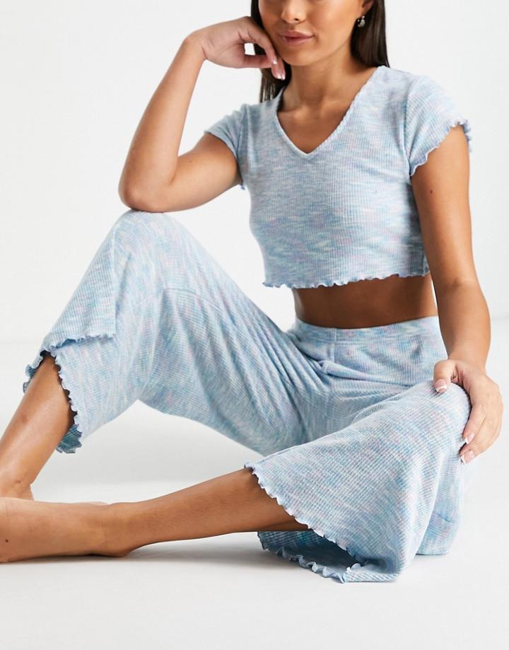 Asos Design Lounge Space Dye Rib Cropped Tee & Culotte Set In Blue-blues