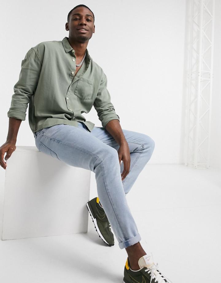Asos Design 90s Oversized Denim Shirt In Khaki-green