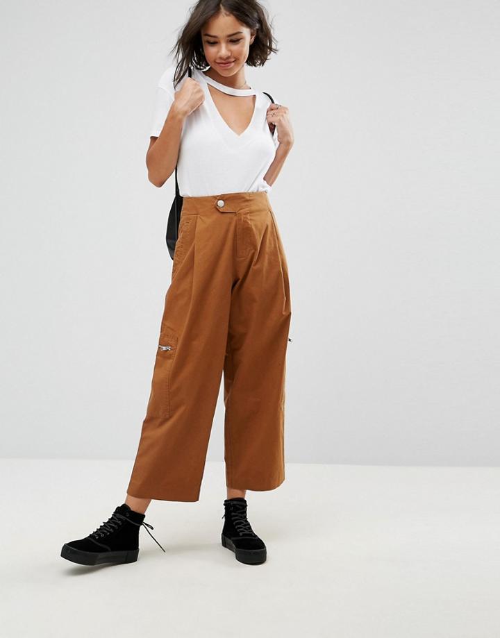 Asos Daphne Casual Cropped Pants With Zip Detail In Tan - Tan
