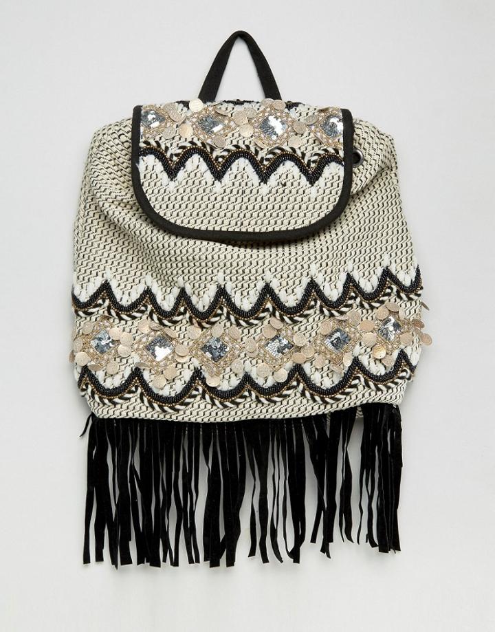 America & Beyond Embellished Fringed Jacquard Bag - Cream