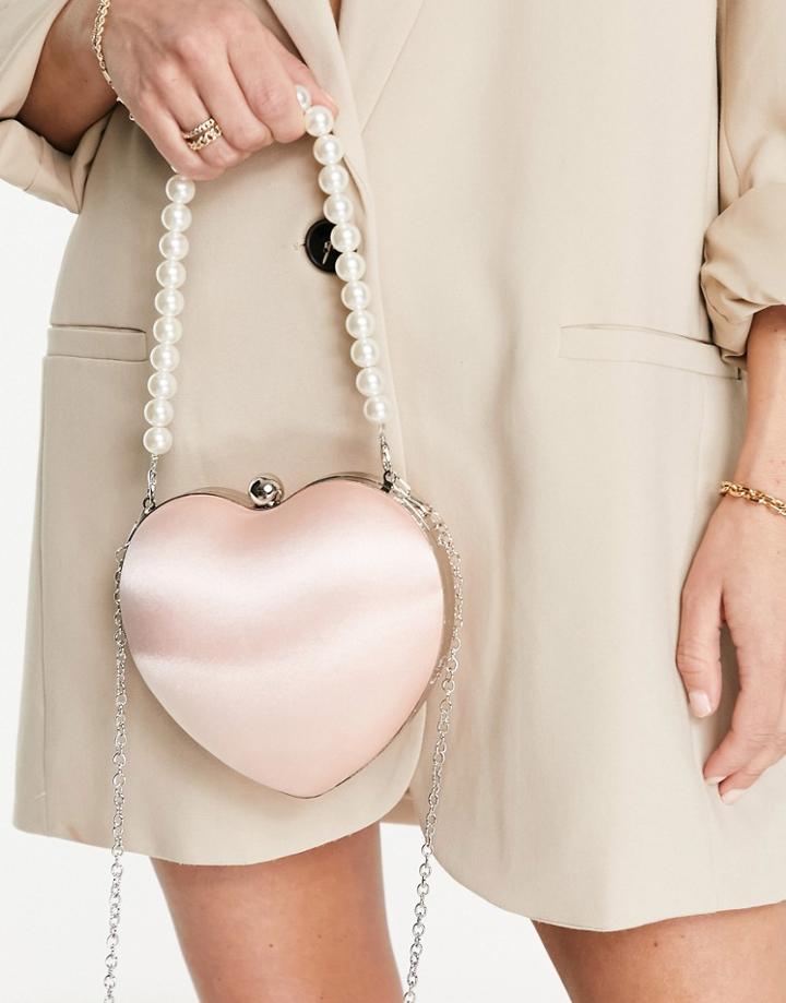 True Decadence Exclusive Heart Clutch Bag In Pink Satin With Faux Pearl Handle