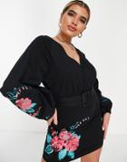Asos Design Belted Twill Mini Dress With Bright Floral Embroidery In Black