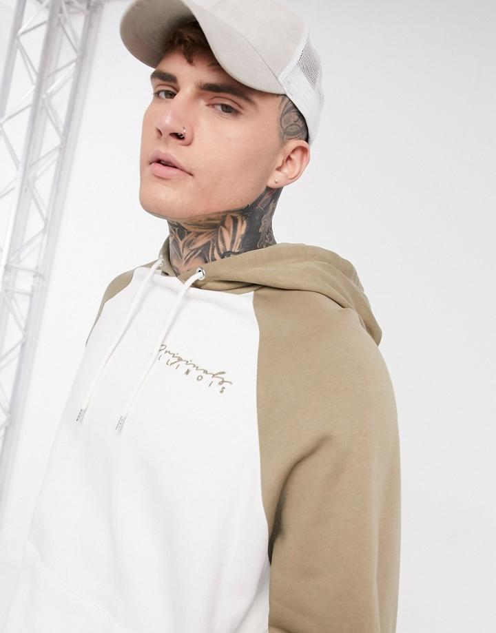 Asos Design Oversized Hoodie In Cream With Beige Contrast Raglan Sleeves & Chest Embroidery-white