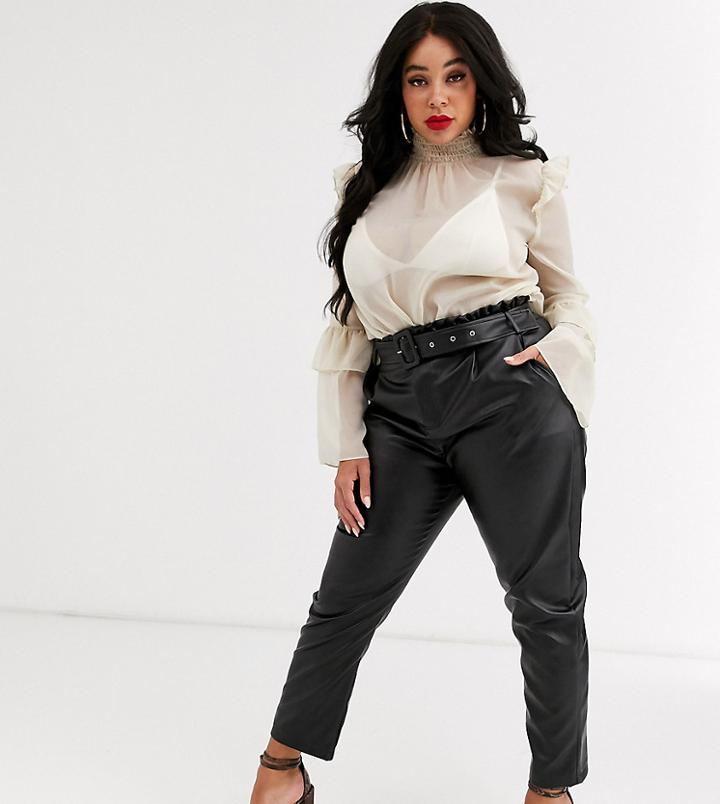 In The Style X Stephsa Plus Pu Paperbag Waist Pants With Belt In Black