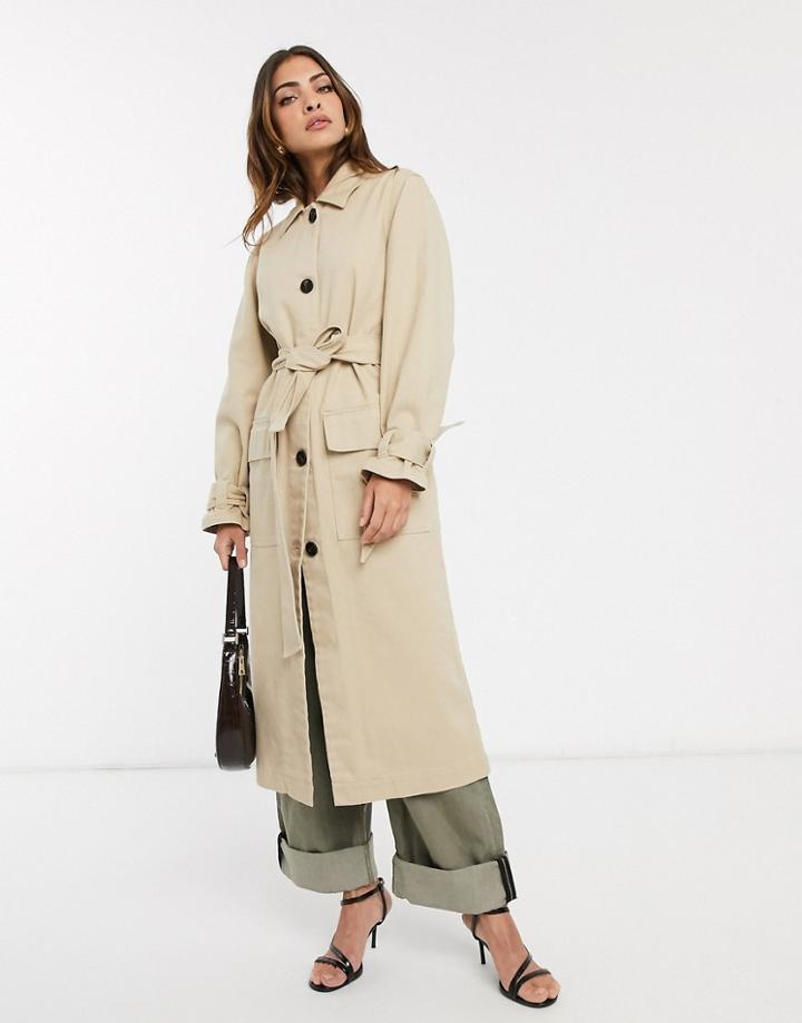 Asos Design Denim Trench Coat With Tie Cuff Detail-cream