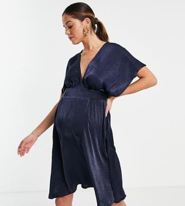 Blume Maternity Satin Midi Dress With Kimono Sleeve In Navy