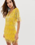 Asos Design Mini Dress In All Over Fringe Embellishment And Short Sleeve - Yellow