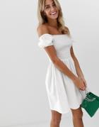 Asos Design Shirred Bodice Square Neck Cotton Mini Smock Dress - White