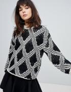 Willow And Paige Chunky Knit Sweater With Contrast Pattern - Black
