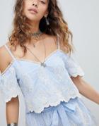 Kiss The Sky Cold Shoulder Crop Top In Pinstripe & Lace Co-ord - Blue