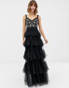 Needle & Thread Embrodiered Tiered Tulle Gown In Black - Black