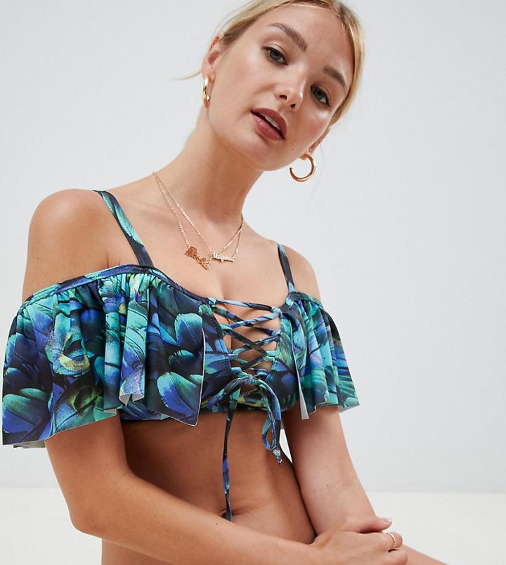 Asos Design Fuller Bust Lace Up Frill Bardot Bikini Top Dd-g In Peacock Print-multi