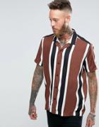 Asos Viscose Shirt In Brown Stripe With Revere Collar In Regular Fit - Brown