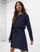 Only Nova Draw String Long Sleeve Dress In Navy Polka Dot-multi