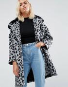 Helene Berman Faux Fur Collar Coat Leopard With Black Fur - Gray