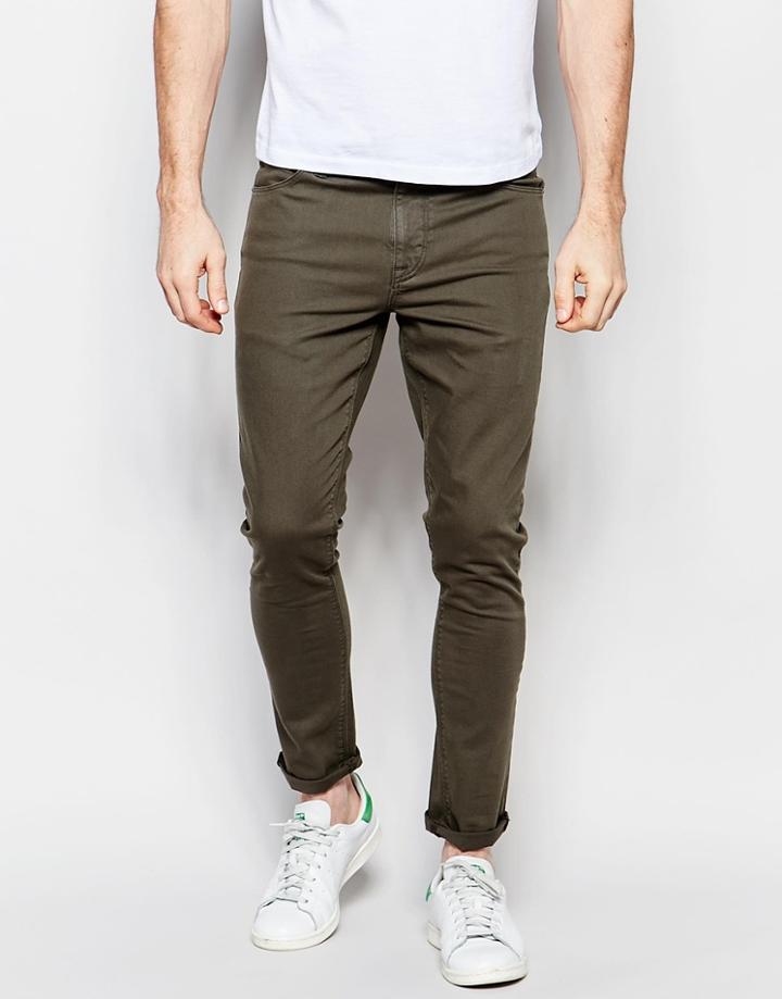 Asos Super Skinny Jeans In Dark Khaki - Forest Night