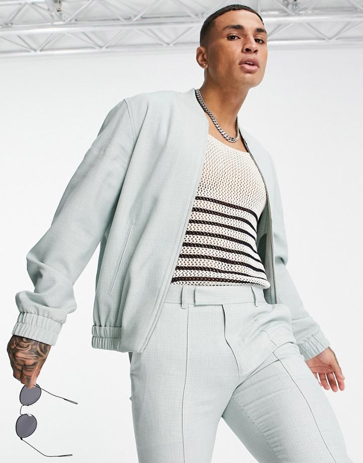 Asos Design Smart Bomber Jacket In Pastel Green Crosshatch - Part Of A Set