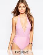 Wolf & Whistle Lace Wrap Plunge Swimsuit - Pastel Pink
