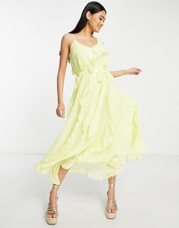 River Island Frill Wrap Textured Spot Midi Dress In Yellow