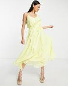 River Island Frill Wrap Textured Spot Midi Dress In Yellow