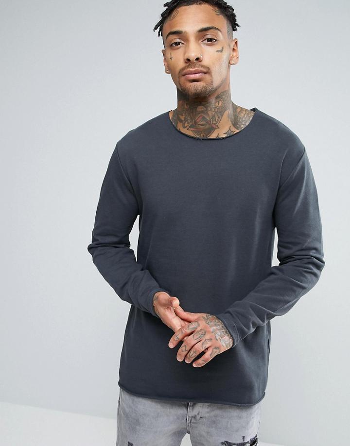 Asos Longline Sweatshirt With Raw Edge Hem - Gray