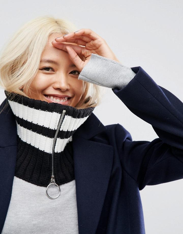 Asos Mono Stripe Infinity Scarf With Ring Zip - Black