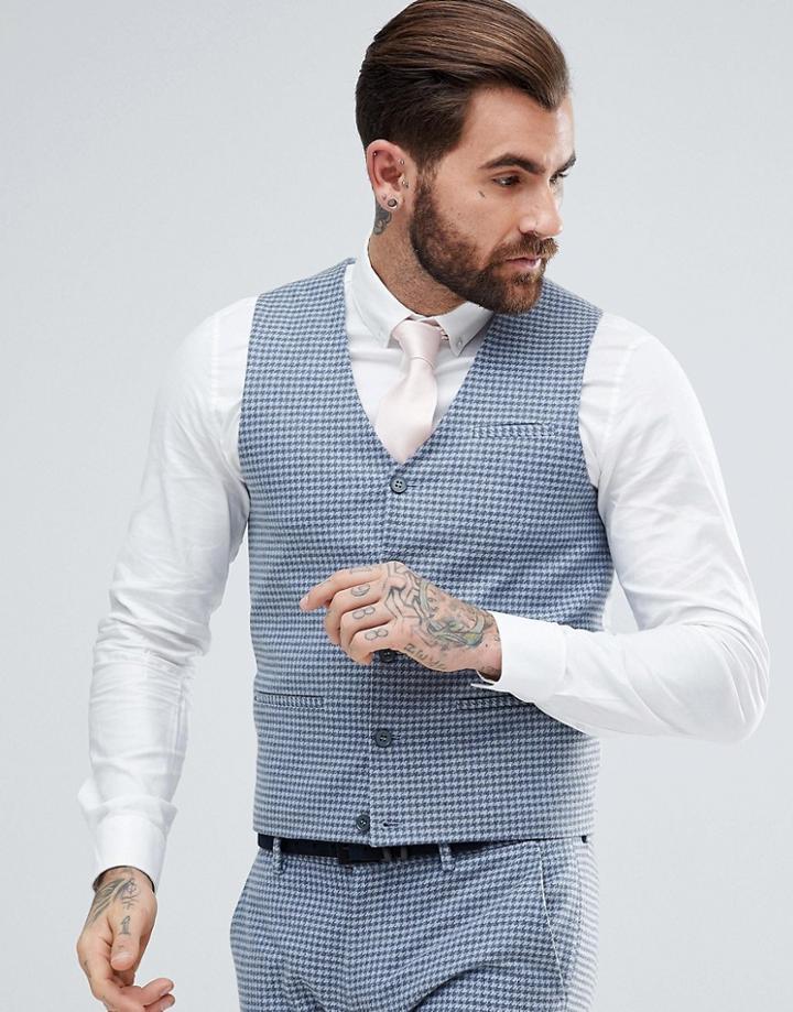 Asos Wedding Super Skinny Vest In Mini Check - Blue