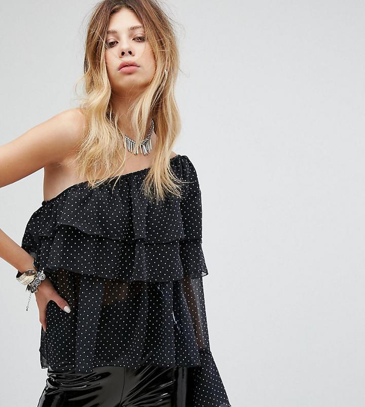 Sacred Hawk One Sleeve Top With Ruffle Layers In Ditsy Spot - Black