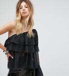 Sacred Hawk One Sleeve Top With Ruffle Layers In Ditsy Spot - Black