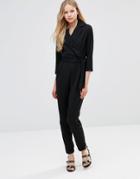 Alter Tailored Wrap Front Jumpsuit With Tie Belt - Black