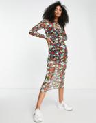 Asos Design Long Sleeve Midi Dress With Ruching In Bright Floral Mesh-multi